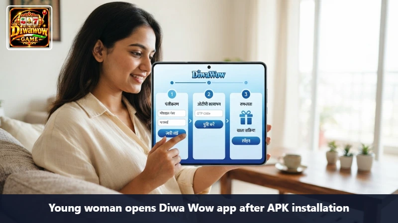 Young woman opens Diwa Wow app after APK installation