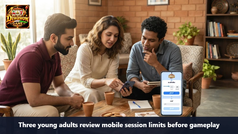 Three young adults review mobile session limits before gameplay